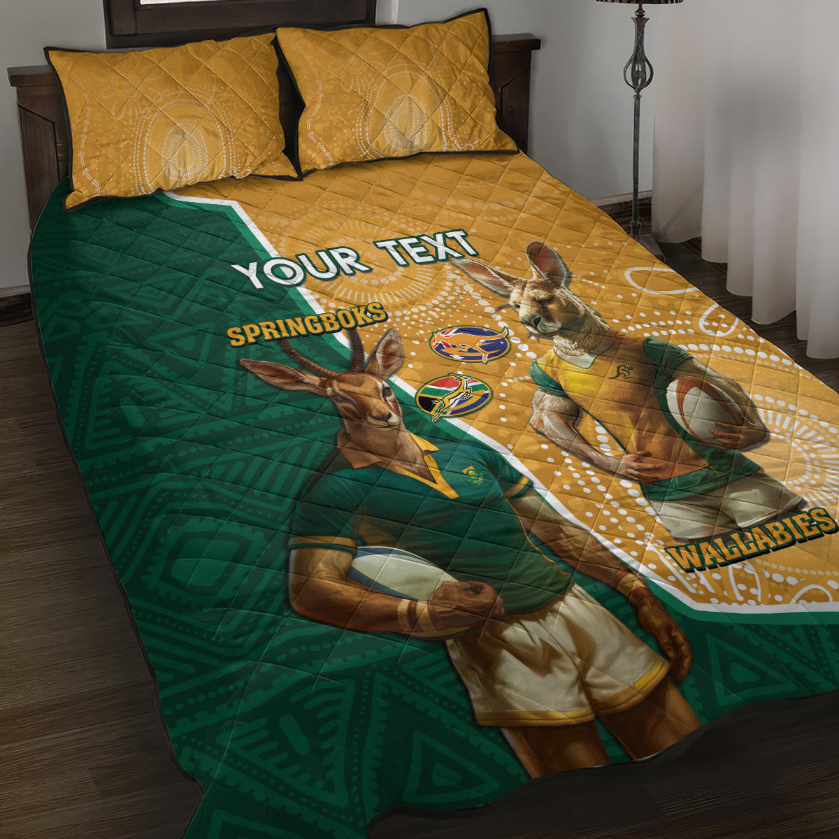 Personalised South Africa And Australia Rugby Quilt Bed Set 2024 Springboks Wallabies Mascots Together