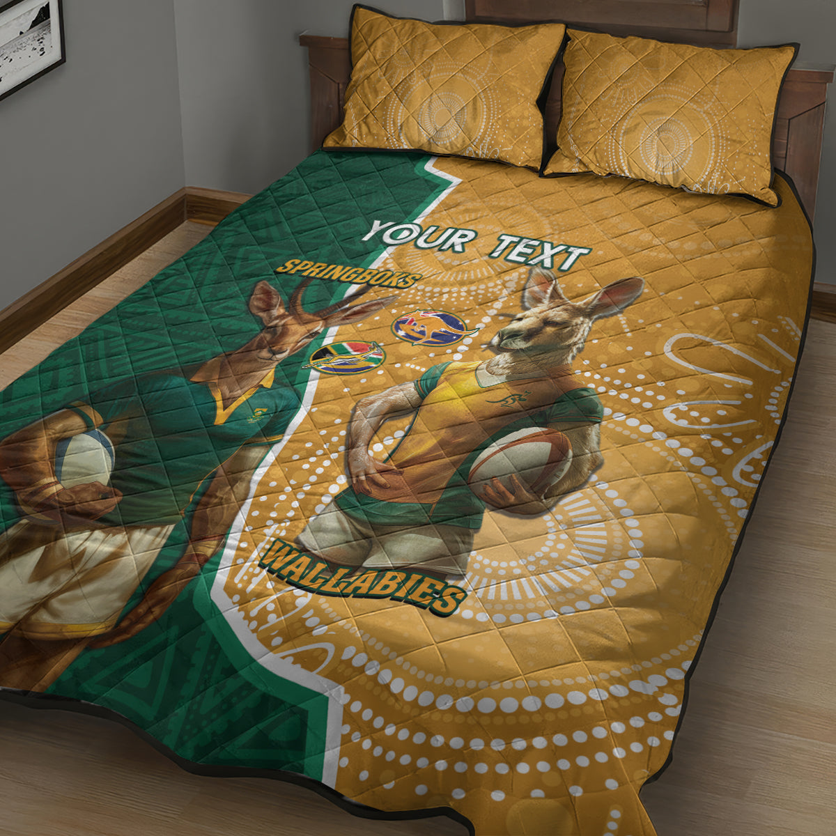 Personalised South Africa And Australia Rugby Quilt Bed Set 2024 Springboks Wallabies Mascots Together - Wonder Print Shop