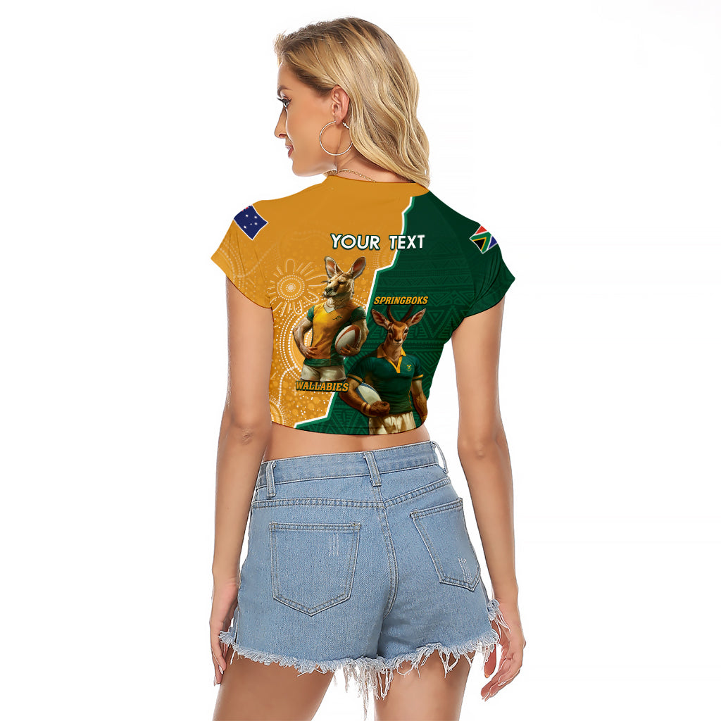 Personalised South Africa And Australia Rugby Raglan Cropped T Shirt 2024 Springboks Wallabies Mascots Together - Wonder Print Shop