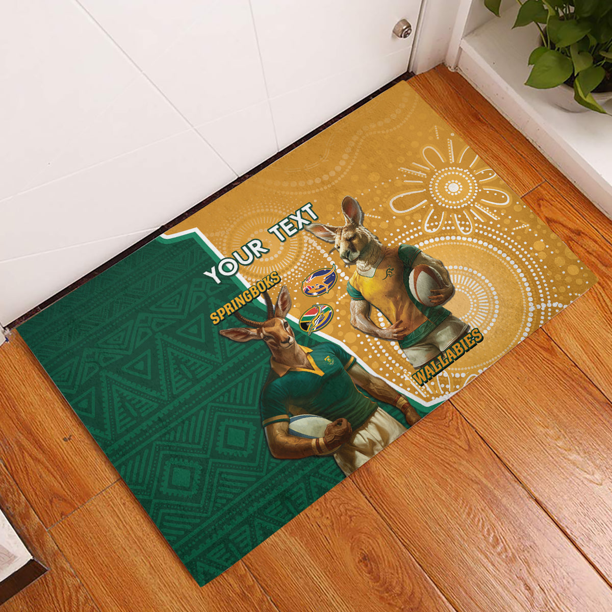 Personalised South Africa And Australia Rugby Rubber Doormat 2024 Springboks Wallabies Mascots Together - Wonder Print Shop
