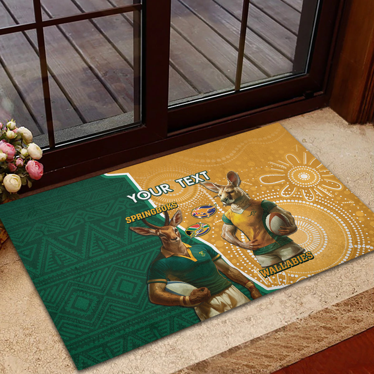 Personalised South Africa And Australia Rugby Rubber Doormat 2024 Springboks Wallabies Mascots Together - Wonder Print Shop
