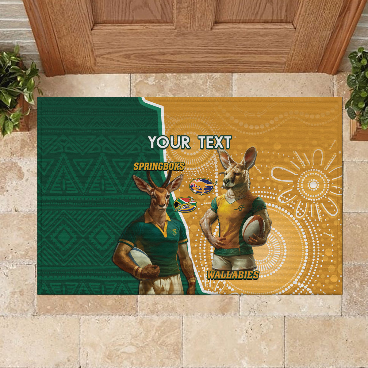 Personalised South Africa And Australia Rugby Rubber Doormat 2024 Springboks Wallabies Mascots Together - Wonder Print Shop