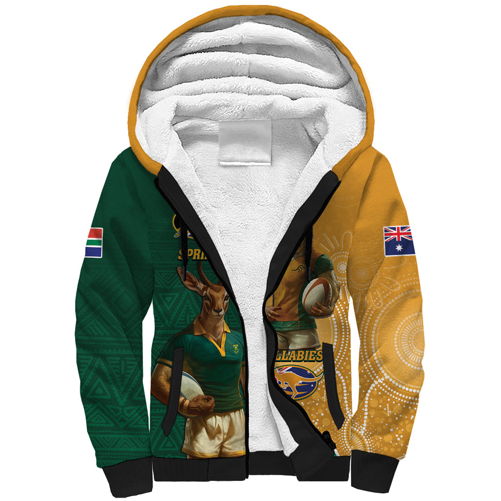 Personalised South Africa And Australia Rugby Sherpa Hoodie 2024 Springboks Wallabies Mascots Together - Wonder Print Shop