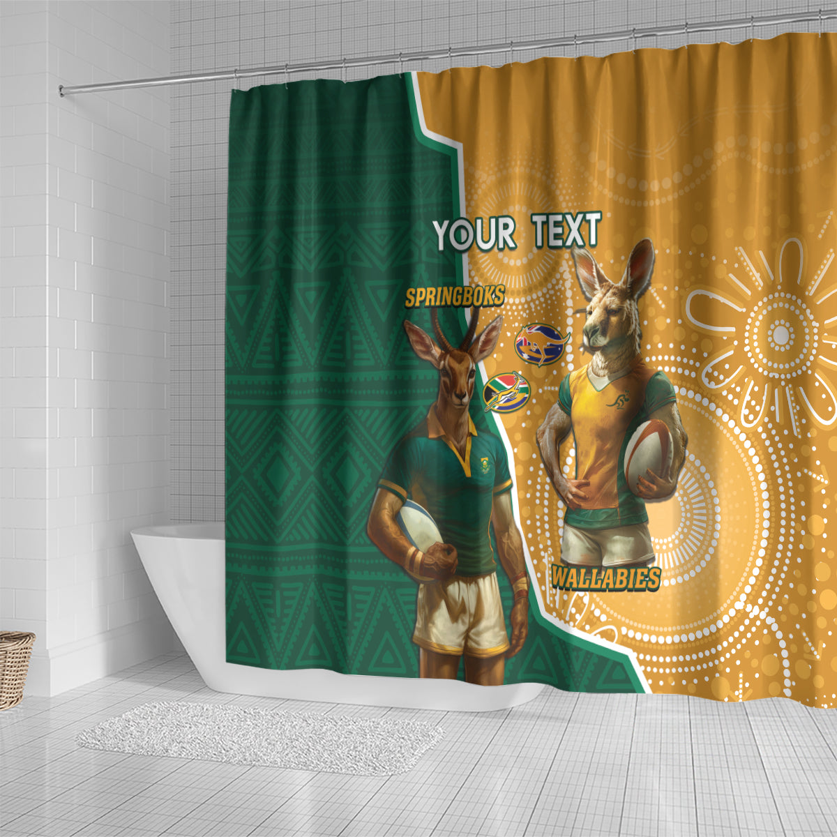 Personalised South Africa And Australia Rugby Shower Curtain 2024 Springboks Wallabies Mascots Together