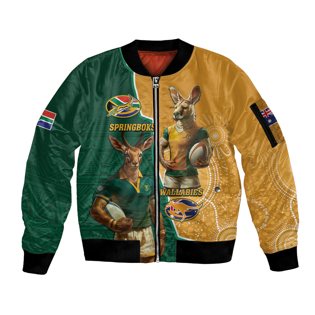 Personalised South Africa And Australia Rugby Sleeve Zip Bomber Jacket 2024 Springboks Wallabies Mascots Together - Wonder Print Shop