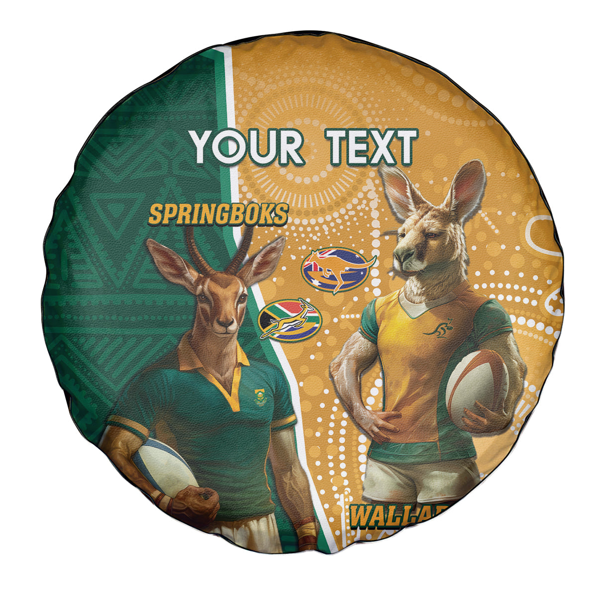 Personalised South Africa And Australia Rugby Spare Tire Cover 2024 Springboks Wallabies Mascots Together - Wonder Print Shop