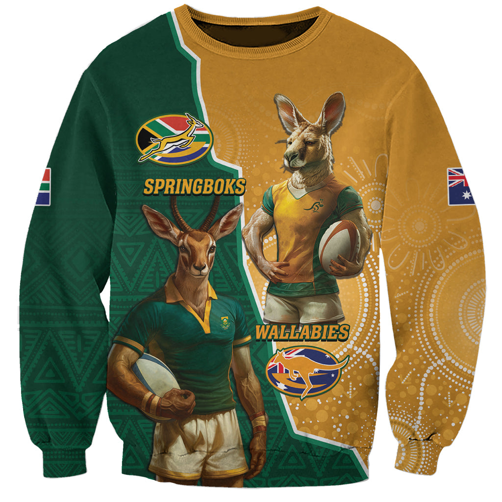Personalised South Africa And Australia Rugby Sweatshirt 2024 Springboks Wallabies Mascots Together - Wonder Print Shop