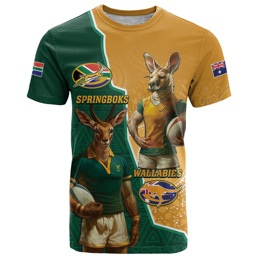 Personalised South Africa And Australia Rugby T Shirt 2024 Springboks Wallabies Mascots Together - Wonder Print Shop