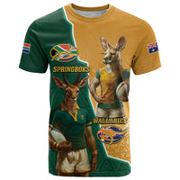 Personalised South Africa And Australia Rugby T Shirt 2024 Springboks Wallabies Mascots Together - Wonder Print Shop