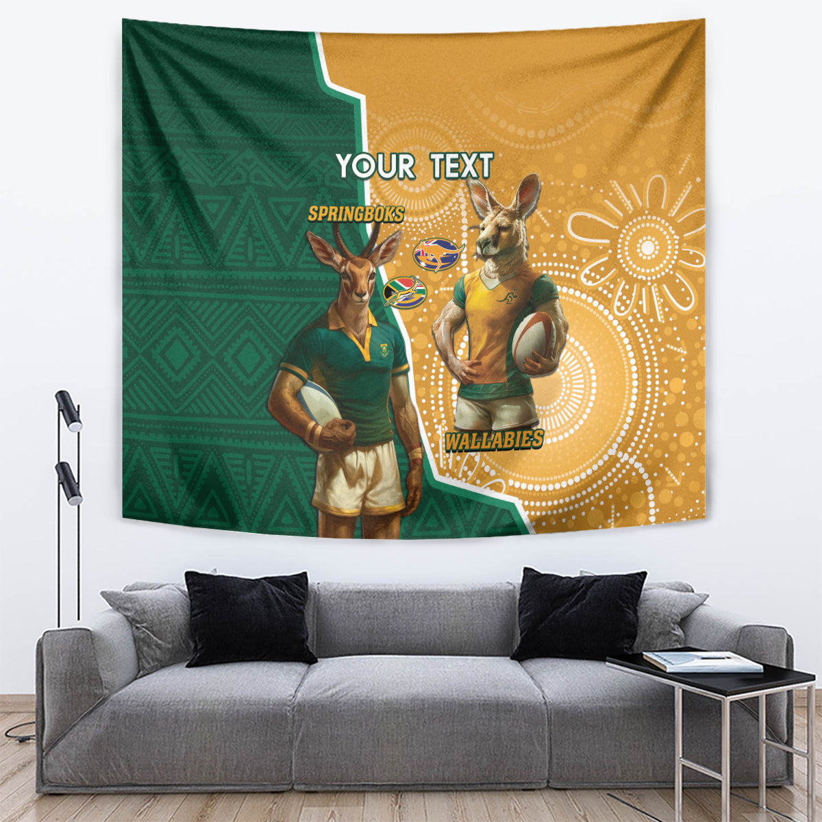 Personalised South Africa And Australia Rugby Tapestry 2024 Springboks Wallabies Mascots Together - Wonder Print Shop