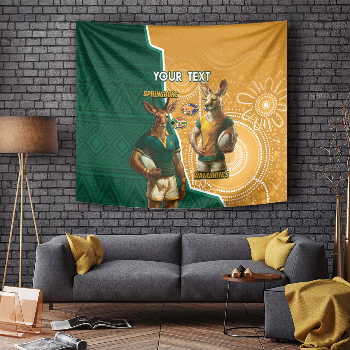 Personalised South Africa And Australia Rugby Tapestry 2024 Springboks Wallabies Mascots Together - Wonder Print Shop