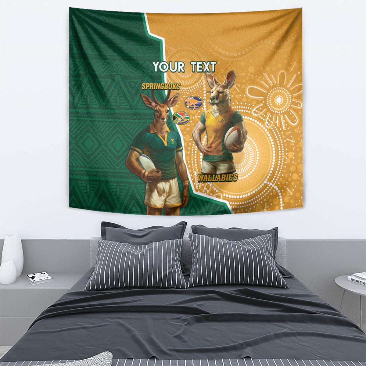 Personalised South Africa And Australia Rugby Tapestry 2024 Springboks Wallabies Mascots Together - Wonder Print Shop