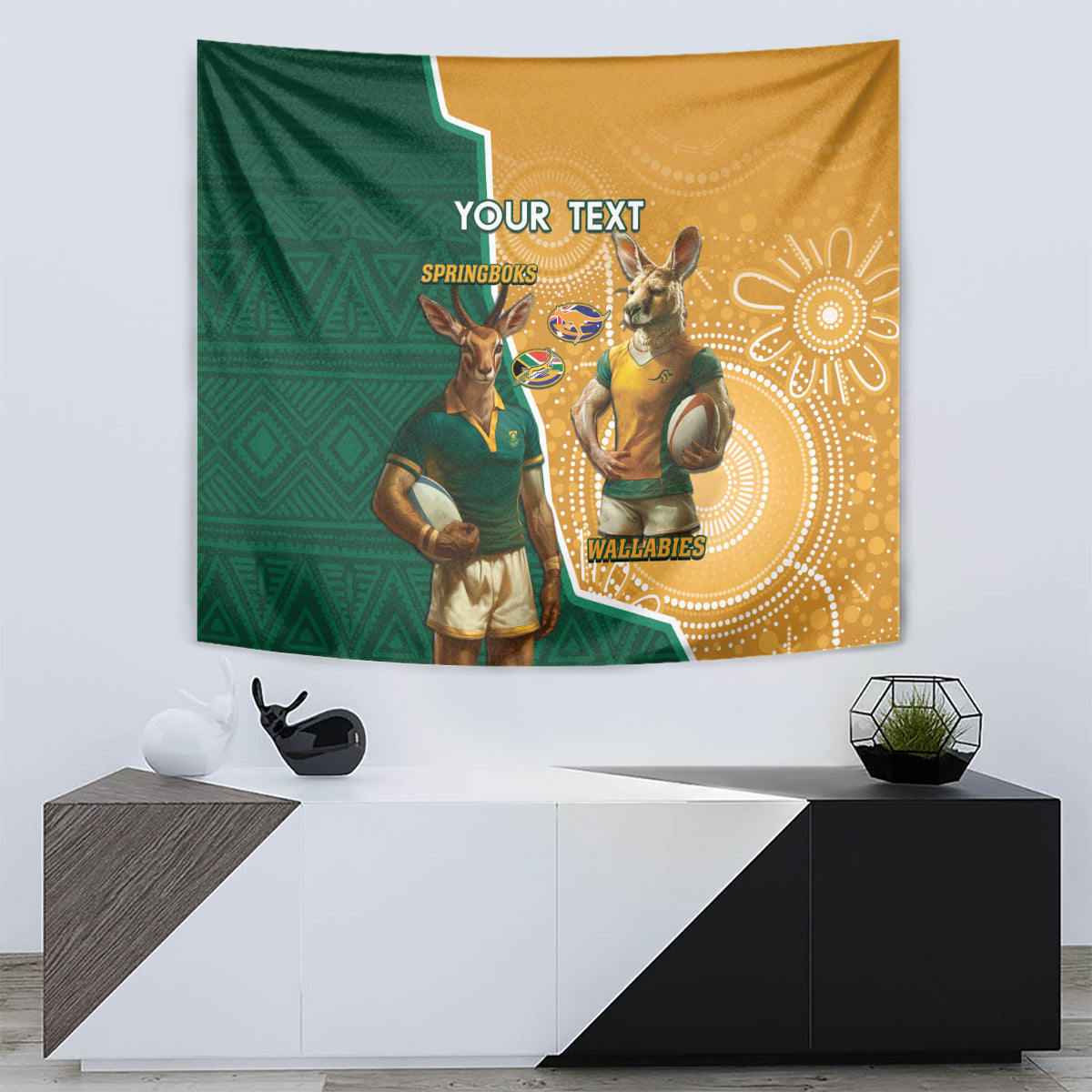 Personalised South Africa And Australia Rugby Tapestry 2024 Springboks Wallabies Mascots Together - Wonder Print Shop