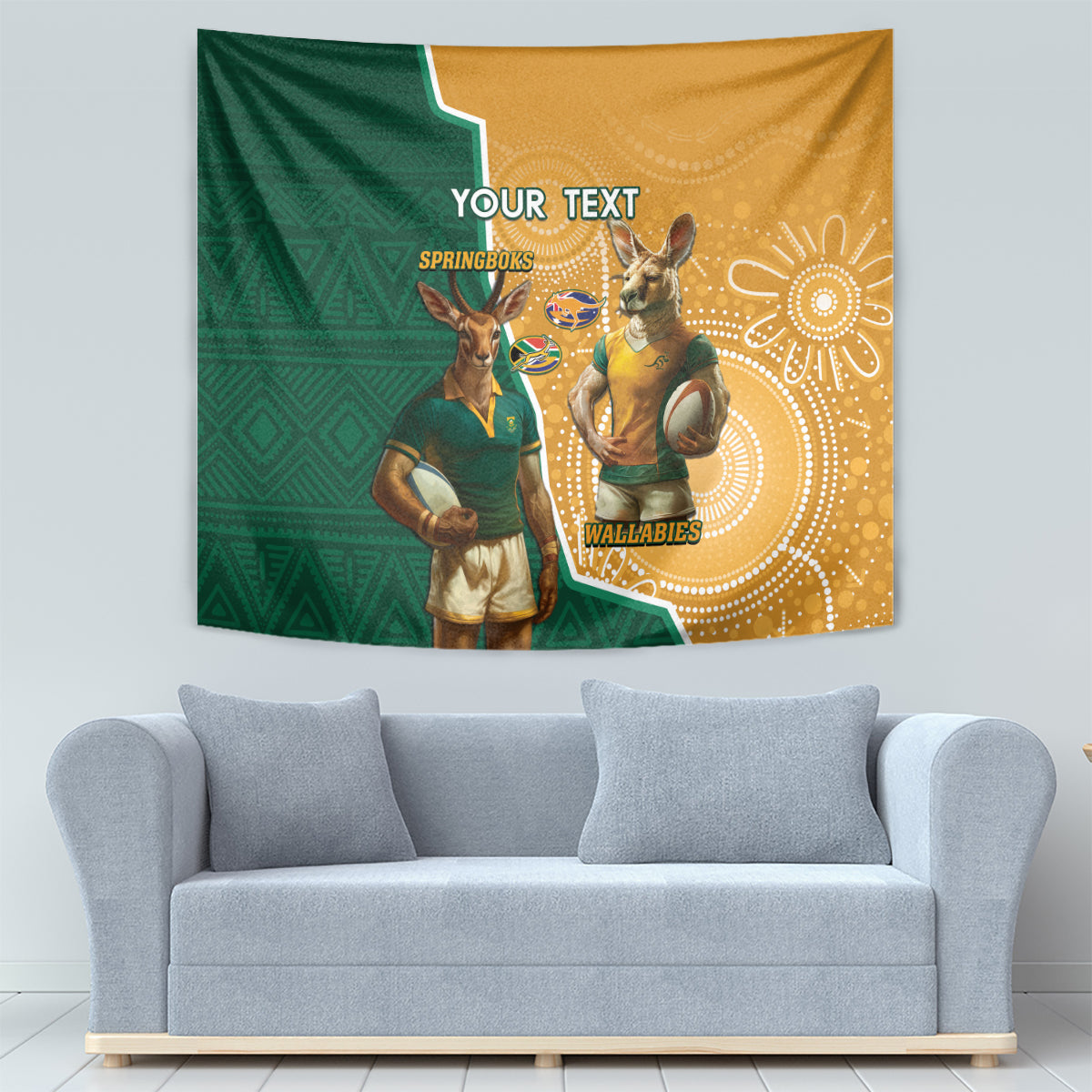 Personalised South Africa And Australia Rugby Tapestry 2024 Springboks Wallabies Mascots Together - Wonder Print Shop