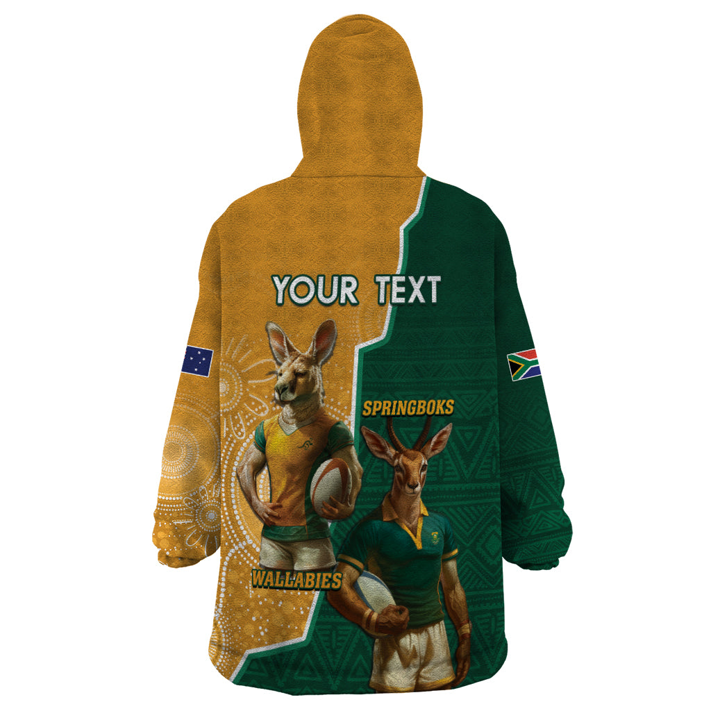 Personalised South Africa And Australia Rugby Wearable Blanket Hoodie 2024 Springboks Wallabies Mascots Together - Wonder Print Shop