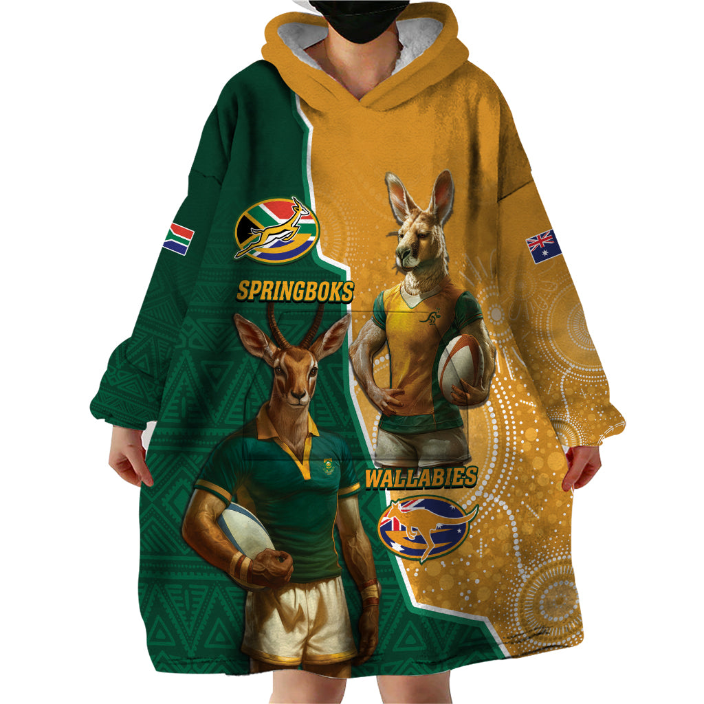 Personalised South Africa And Australia Rugby Wearable Blanket Hoodie 2024 Springboks Wallabies Mascots Together - Wonder Print Shop