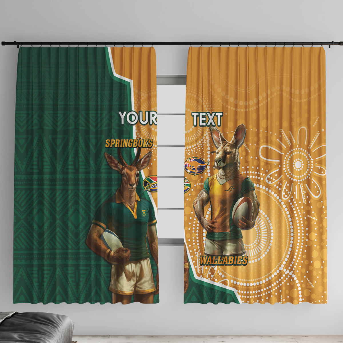 Personalised South Africa And Australia Rugby Window Curtain 2024 Springboks Wallabies Mascots Together
