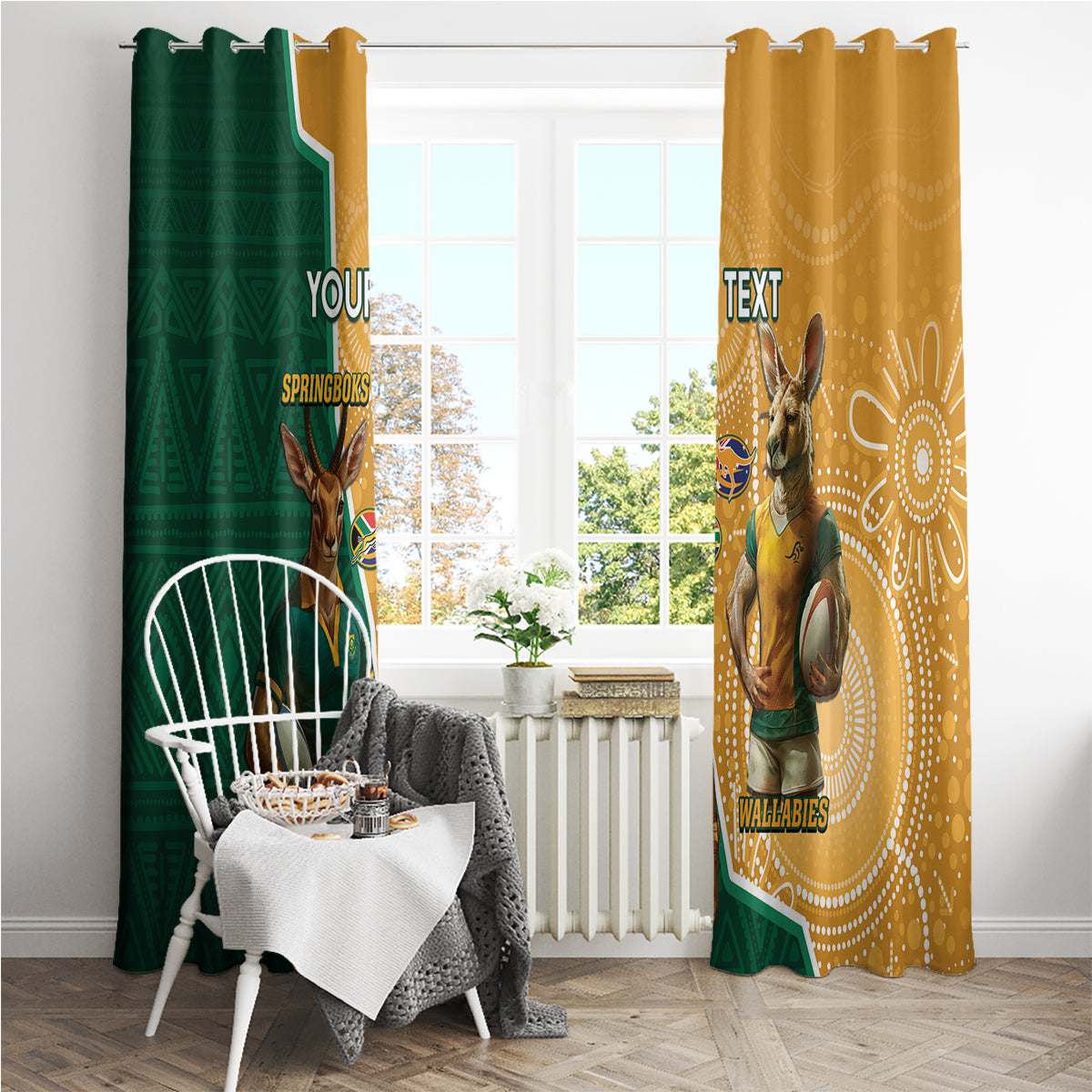 Personalised South Africa And Australia Rugby Window Curtain 2024 Springboks Wallabies Mascots Together - Wonder Print Shop
