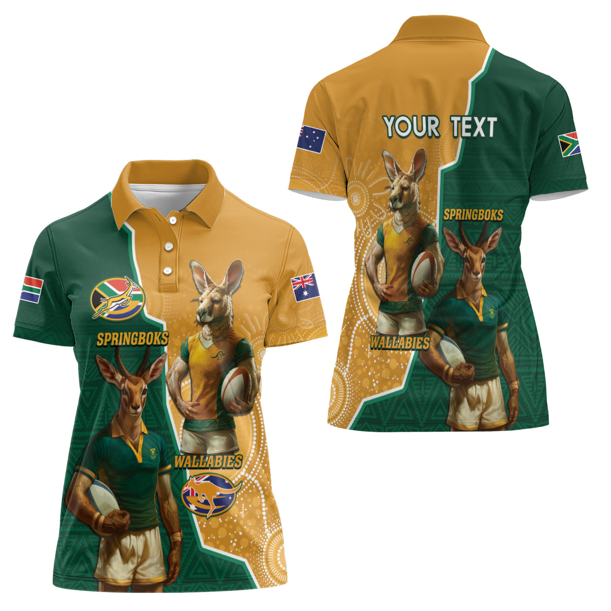 Personalised South Africa And Australia Rugby Women Polo Shirt 2024 Springboks Wallabies Mascots Together - Wonder Print Shop