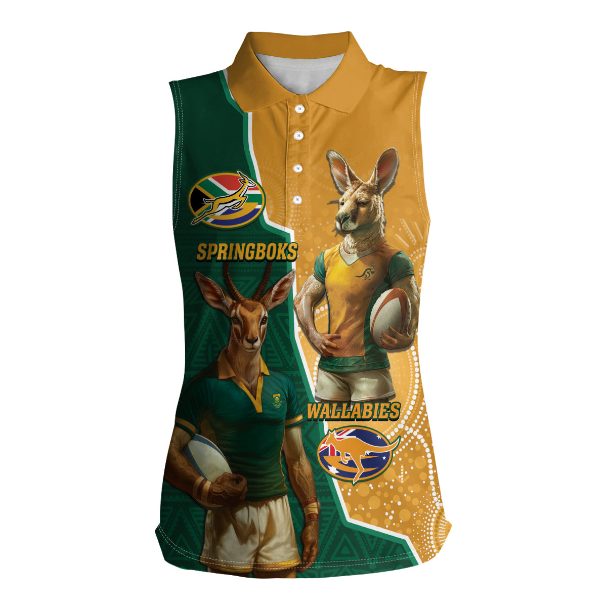 Personalised South Africa And Australia Rugby Women Sleeveless Polo Shirt 2024 Springboks Wallabies Mascots Together - Wonder Print Shop