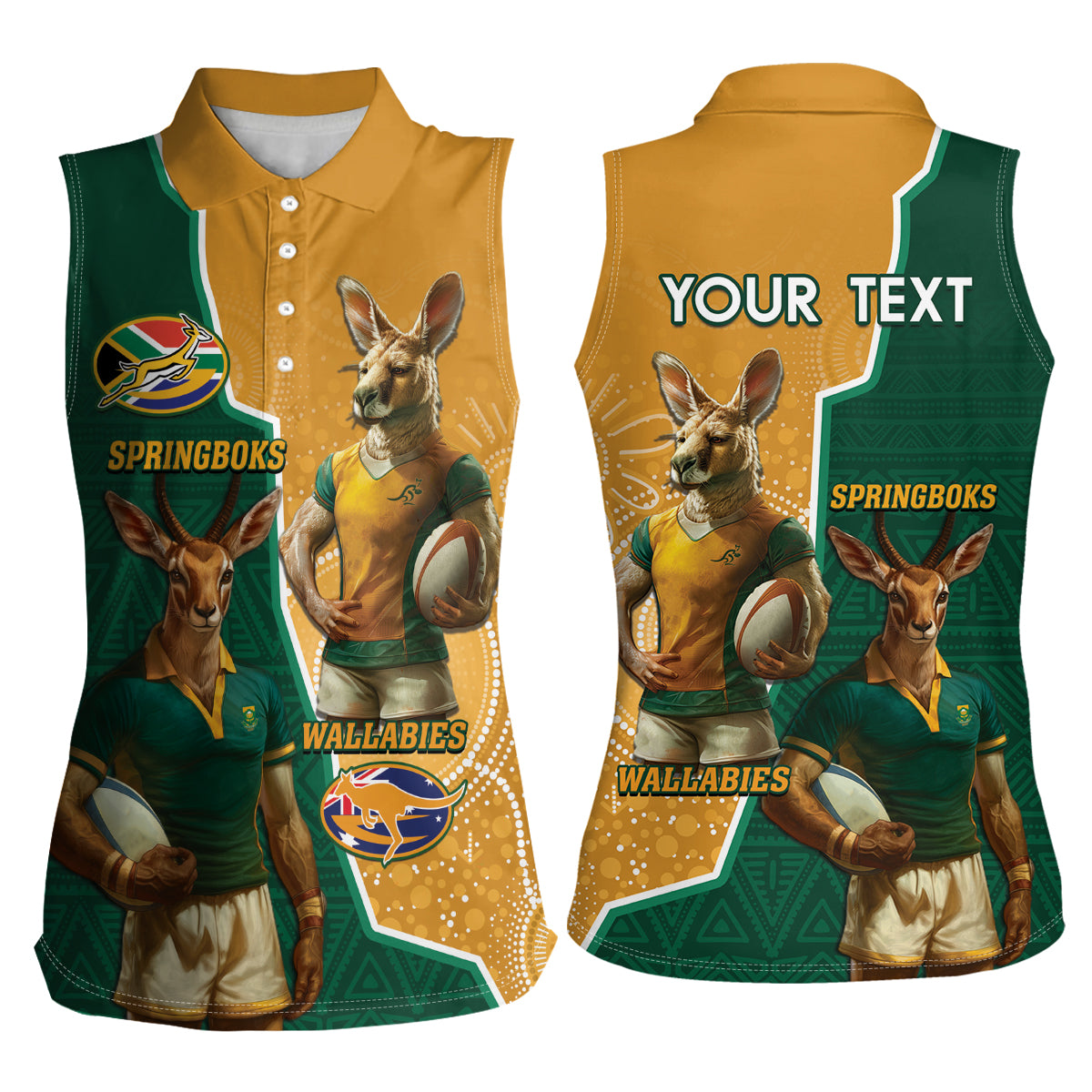 Personalised South Africa And Australia Rugby Women Sleeveless Polo Shirt 2024 Springboks Wallabies Mascots Together - Wonder Print Shop