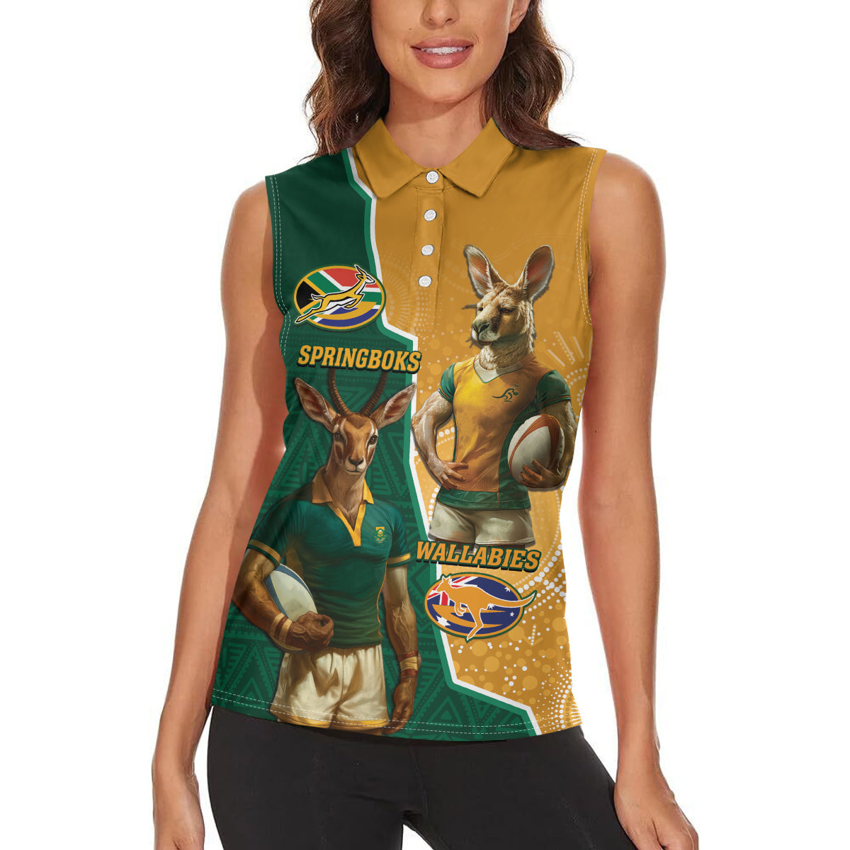 Personalised South Africa And Australia Rugby Women Sleeveless Polo Shirt 2024 Springboks Wallabies Mascots Together - Wonder Print Shop