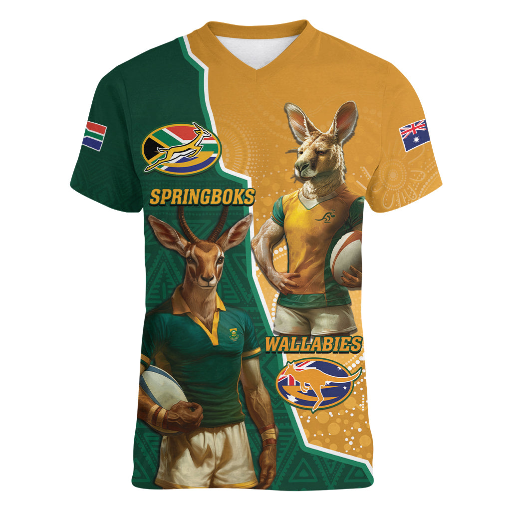 Personalised South Africa And Australia Rugby Women V-Neck T-Shirt 2024 Springboks Wallabies Mascots Together - Wonder Print Shop