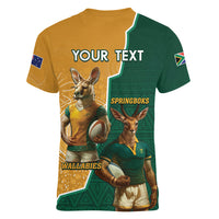 Personalised South Africa And Australia Rugby Women V-Neck T-Shirt 2024 Springboks Wallabies Mascots Together - Wonder Print Shop