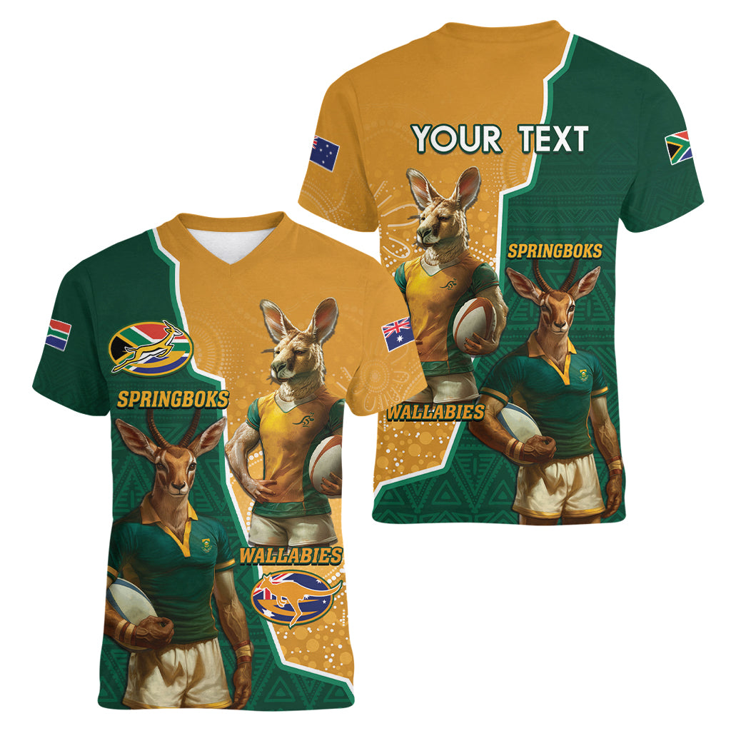 Personalised South Africa And Australia Rugby Women V-Neck T-Shirt 2024 Springboks Wallabies Mascots Together - Wonder Print Shop