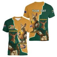 Personalised South Africa And Australia Rugby Women V-Neck T-Shirt 2024 Springboks Wallabies Mascots Together - Wonder Print Shop