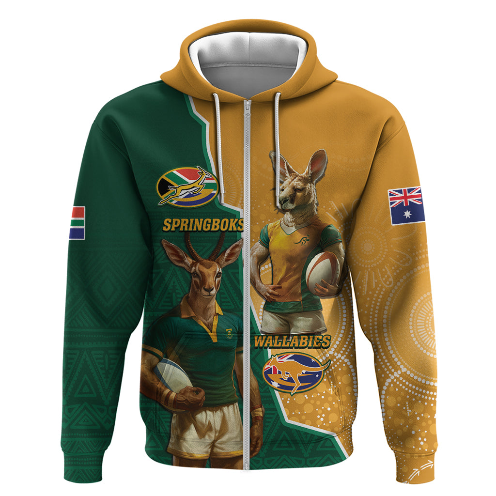 Personalised South Africa And Australia Rugby Zip Hoodie 2024 Springboks Wallabies Mascots Together - Wonder Print Shop