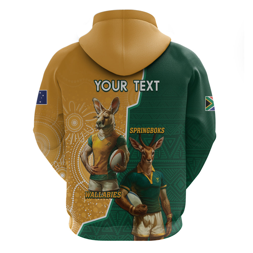 Personalised South Africa And Australia Rugby Zip Hoodie 2024 Springboks Wallabies Mascots Together - Wonder Print Shop