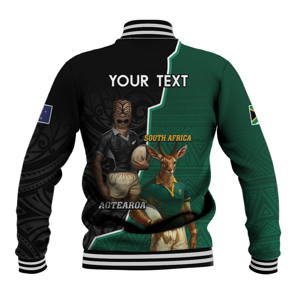 Personalised New Zealand And South Africa Rugby Baseball Jacket 2024 All Black Springboks Mascots Together - Wonder Print Shop