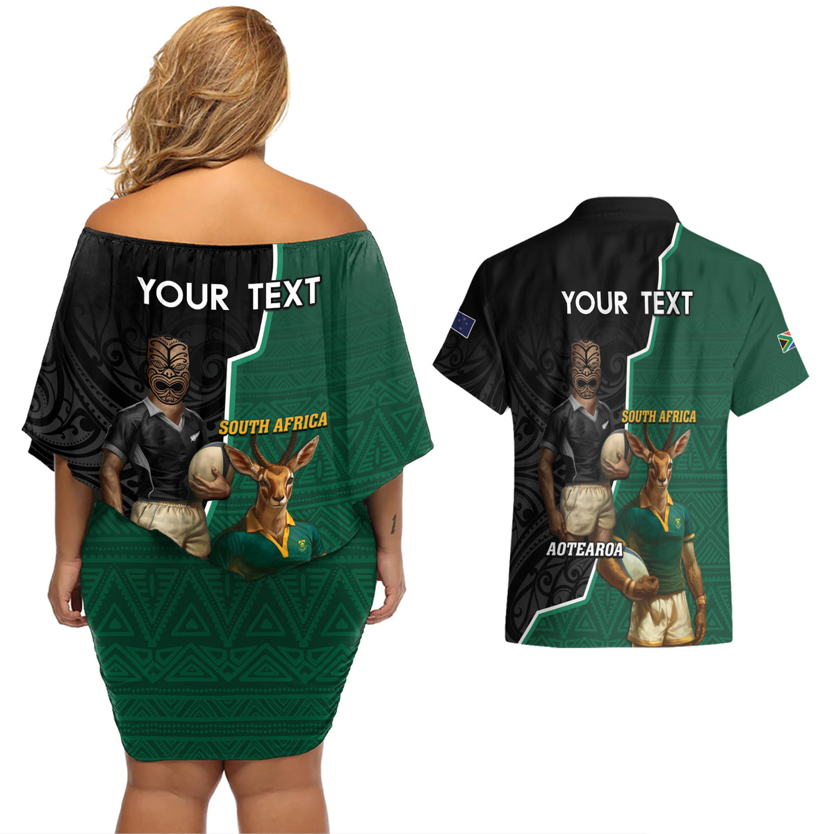 Personalised New Zealand And South Africa Rugby Couples Matching Off Shoulder Short Dress and Hawaiian Shirt 2024 All Black Springboks Mascots Together - Wonder Print Shop