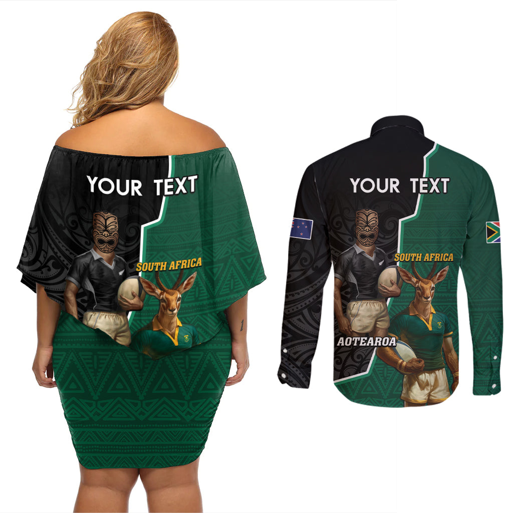 Personalised New Zealand And South Africa Rugby Couples Matching Off Shoulder Short Dress and Long Sleeve Button Shirt 2024 All Black Springboks Mascots Together - Wonder Print Shop