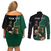 Personalised New Zealand And South Africa Rugby Couples Matching Off Shoulder Short Dress and Long Sleeve Button Shirt 2024 All Black Springboks Mascots Together - Wonder Print Shop