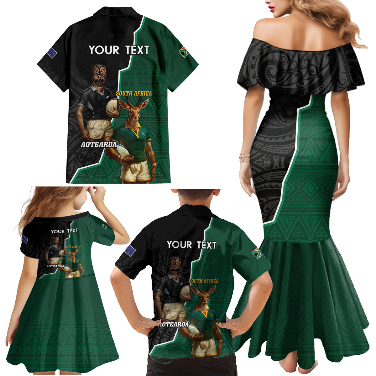Personalised New Zealand And South Africa Rugby Family Matching Mermaid Dress and Hawaiian Shirt 2024 All Black Springboks Mascots Together - Wonder Print Shop