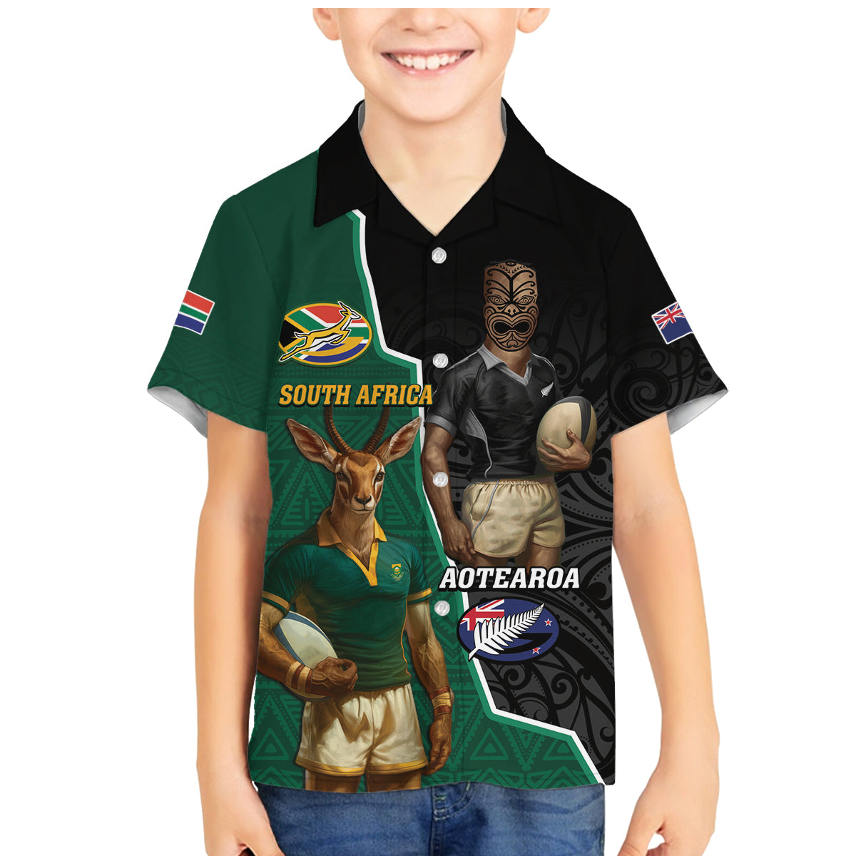 Personalised New Zealand And South Africa Rugby Family Matching Mermaid Dress and Hawaiian Shirt 2024 All Black Springboks Mascots Together - Wonder Print Shop