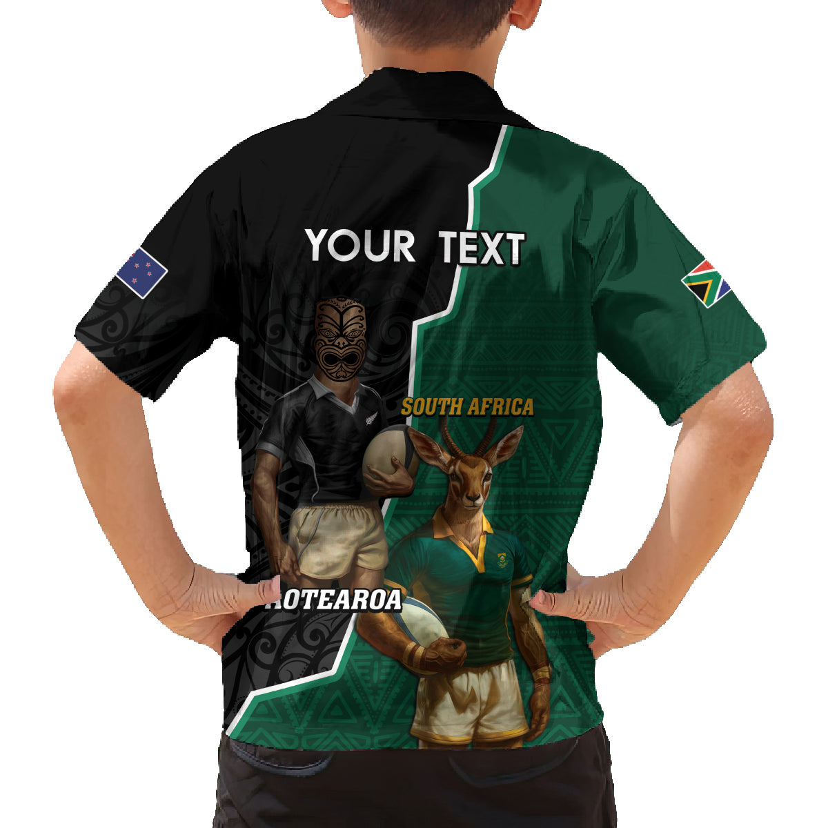 Personalised New Zealand And South Africa Rugby Family Matching Off Shoulder Short Dress and Hawaiian Shirt 2024 All Black Springboks Mascots Together - Wonder Print Shop