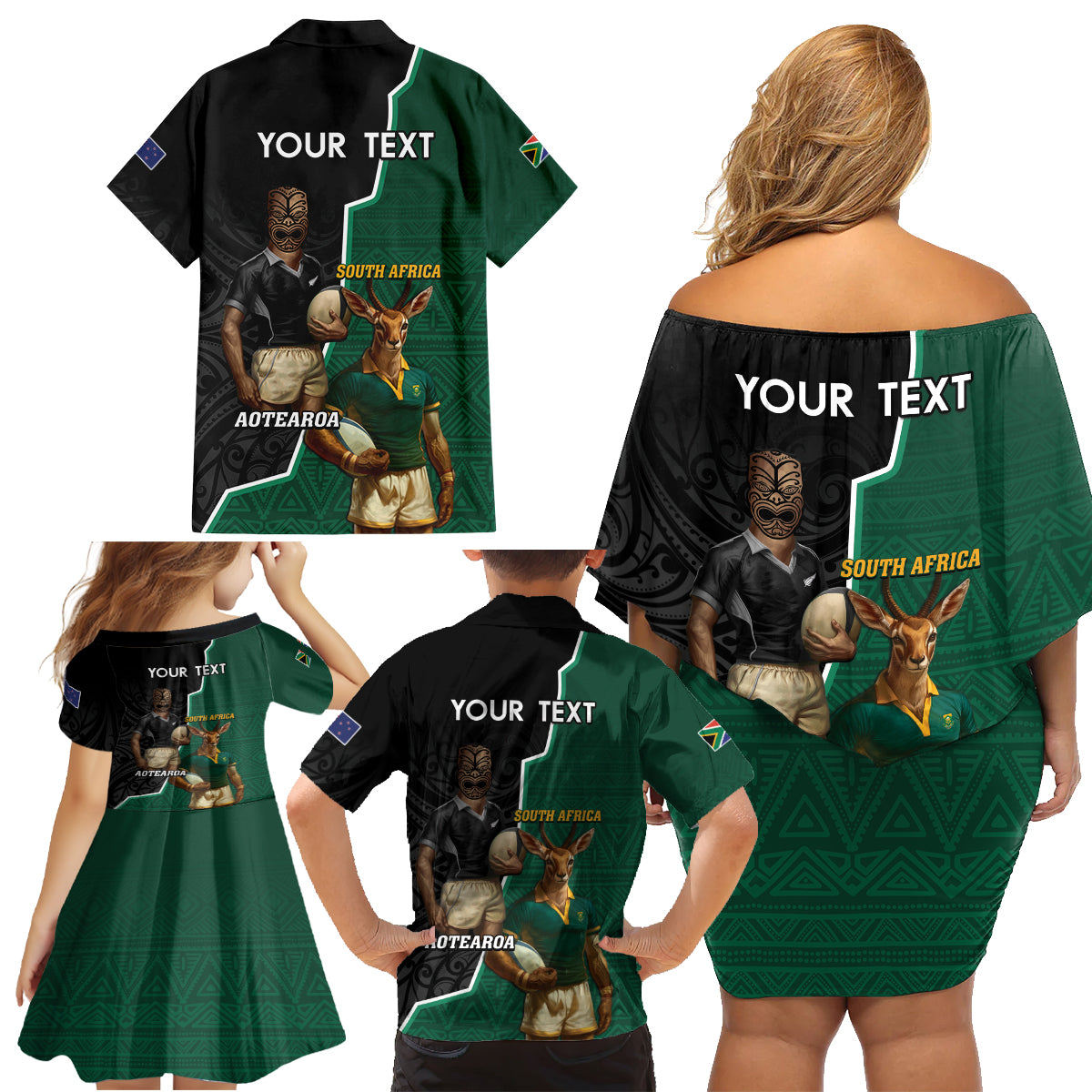 Personalised New Zealand And South Africa Rugby Family Matching Off Shoulder Short Dress and Hawaiian Shirt 2024 All Black Springboks Mascots Together - Wonder Print Shop