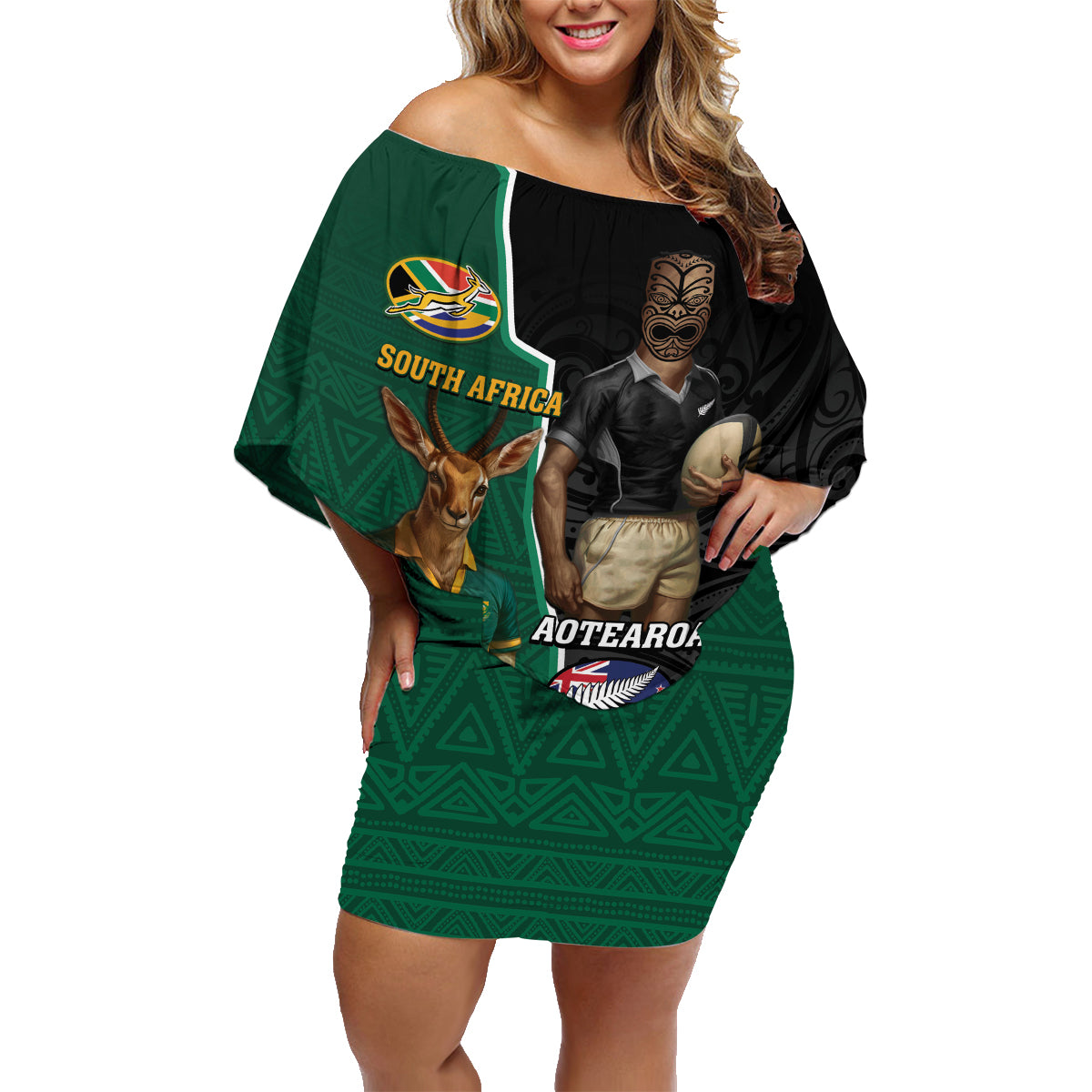 Personalised New Zealand And South Africa Rugby Family Matching Off Shoulder Short Dress and Hawaiian Shirt 2024 All Black Springboks Mascots Together - Wonder Print Shop
