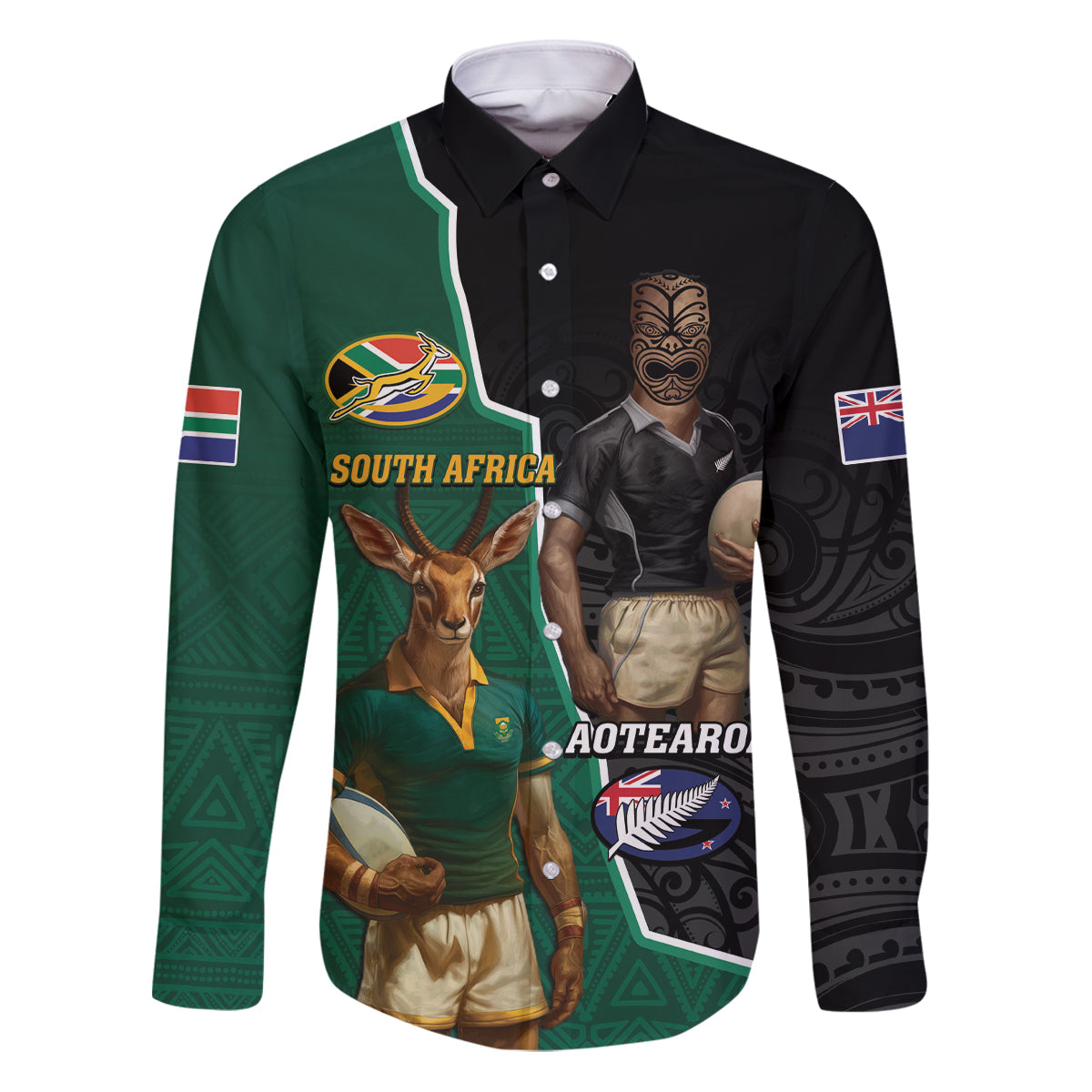 Personalised New Zealand And South Africa Rugby Family Matching Puletasi and Hawaiian Shirt 2024 All Black Springboks Mascots Together - Wonder Print Shop