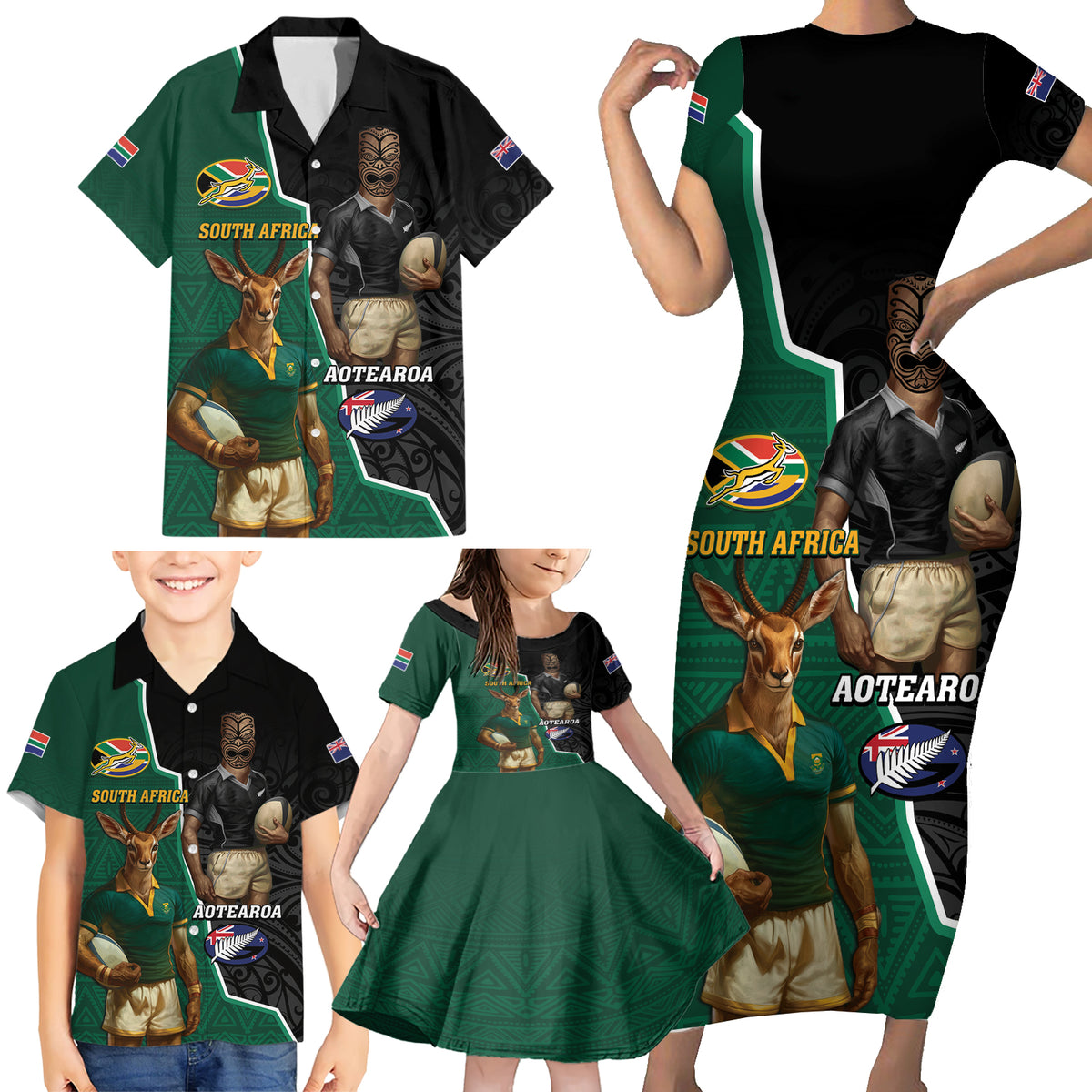 Personalised New Zealand And South Africa Rugby Family Matching Short Sleeve Bodycon Dress and Hawaiian Shirt 2024 All Black Springboks Mascots Together - Wonder Print Shop