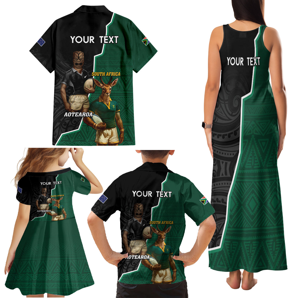 Personalised New Zealand And South Africa Rugby Family Matching Tank Maxi Dress and Hawaiian Shirt 2024 All Black Springboks Mascots Together - Wonder Print Shop