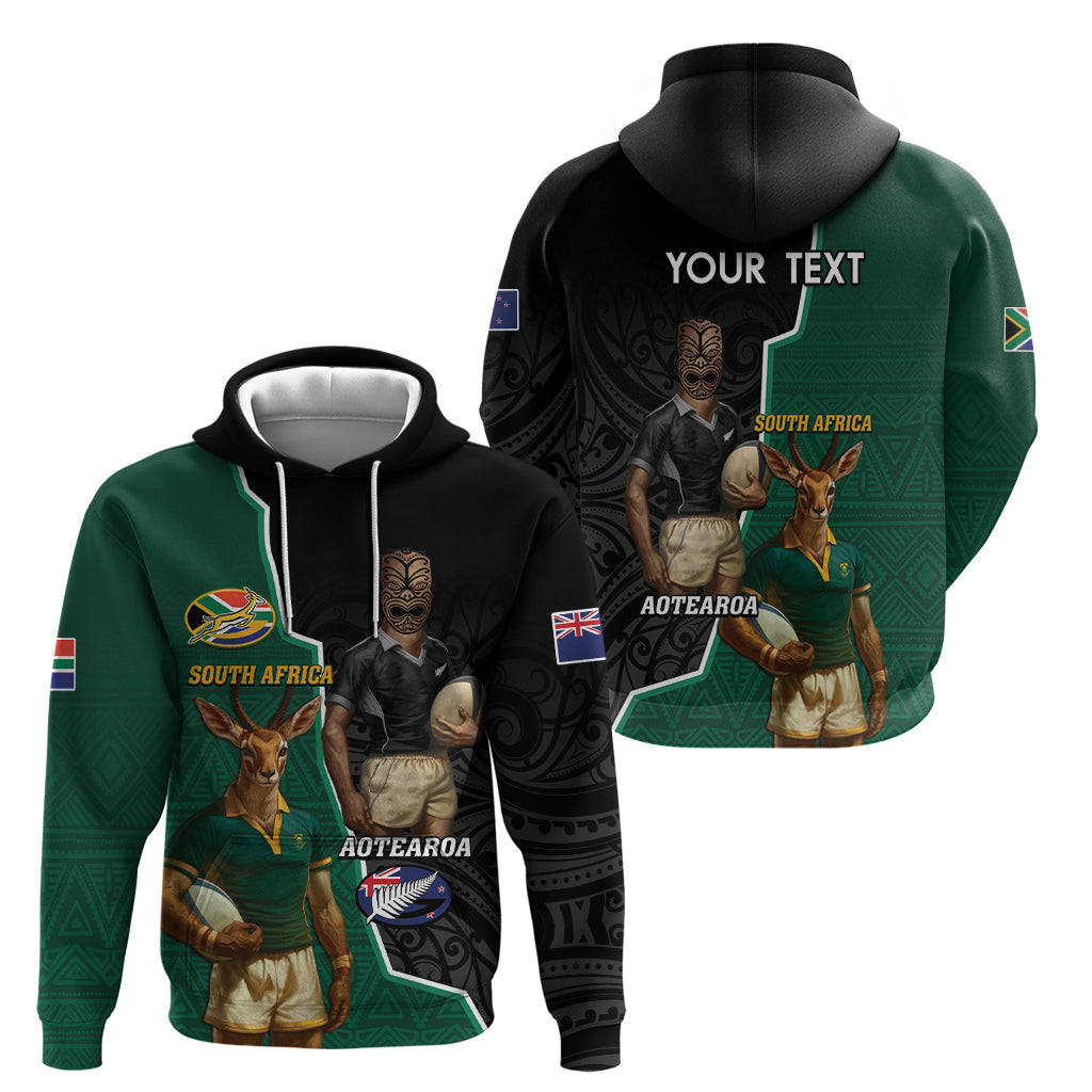 Personalised New Zealand And South Africa Rugby Hoodie 2024 All Black Springboks Mascots Together - Wonder Print Shop