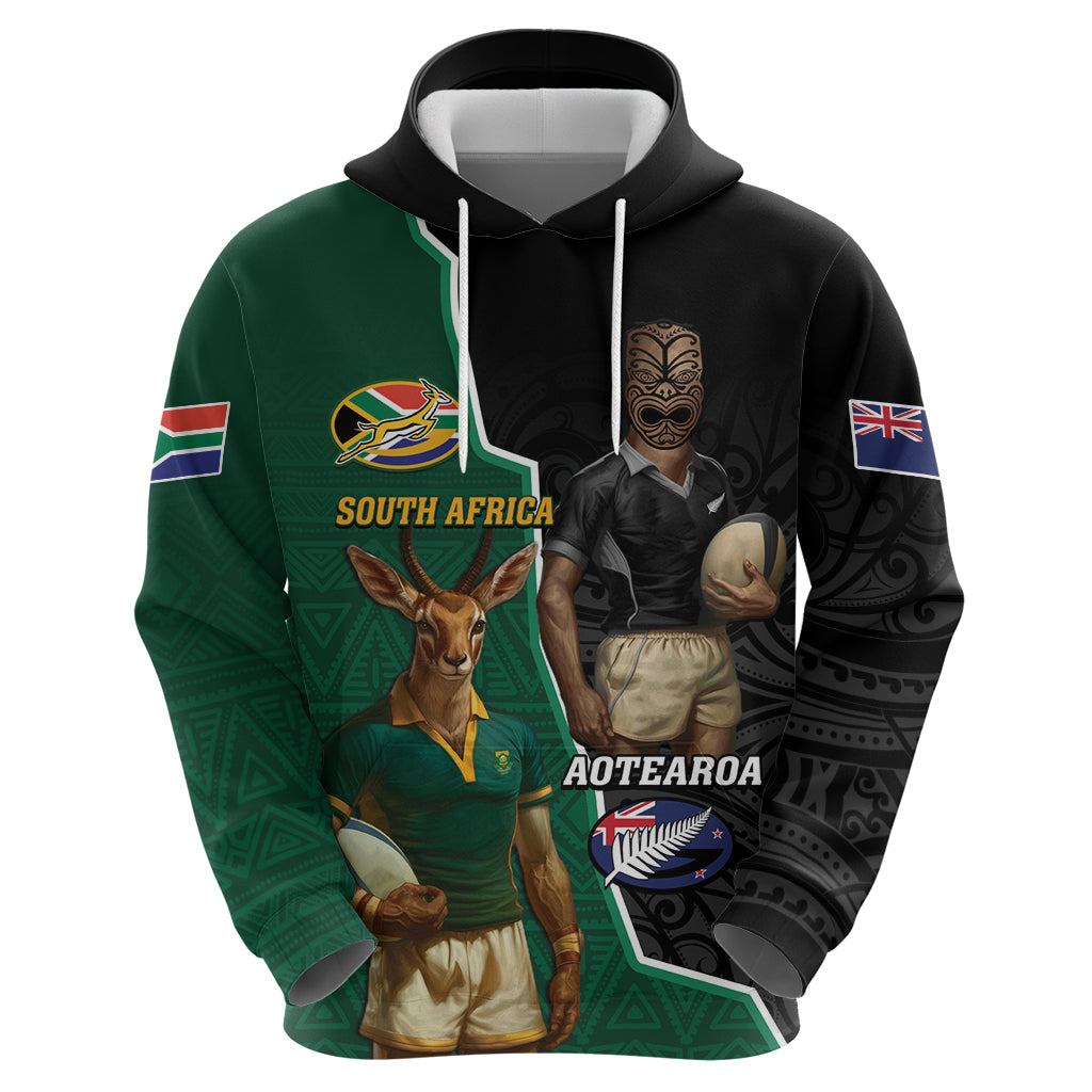 Personalised New Zealand And South Africa Rugby Hoodie 2024 All Black Springboks Mascots Together - Wonder Print Shop