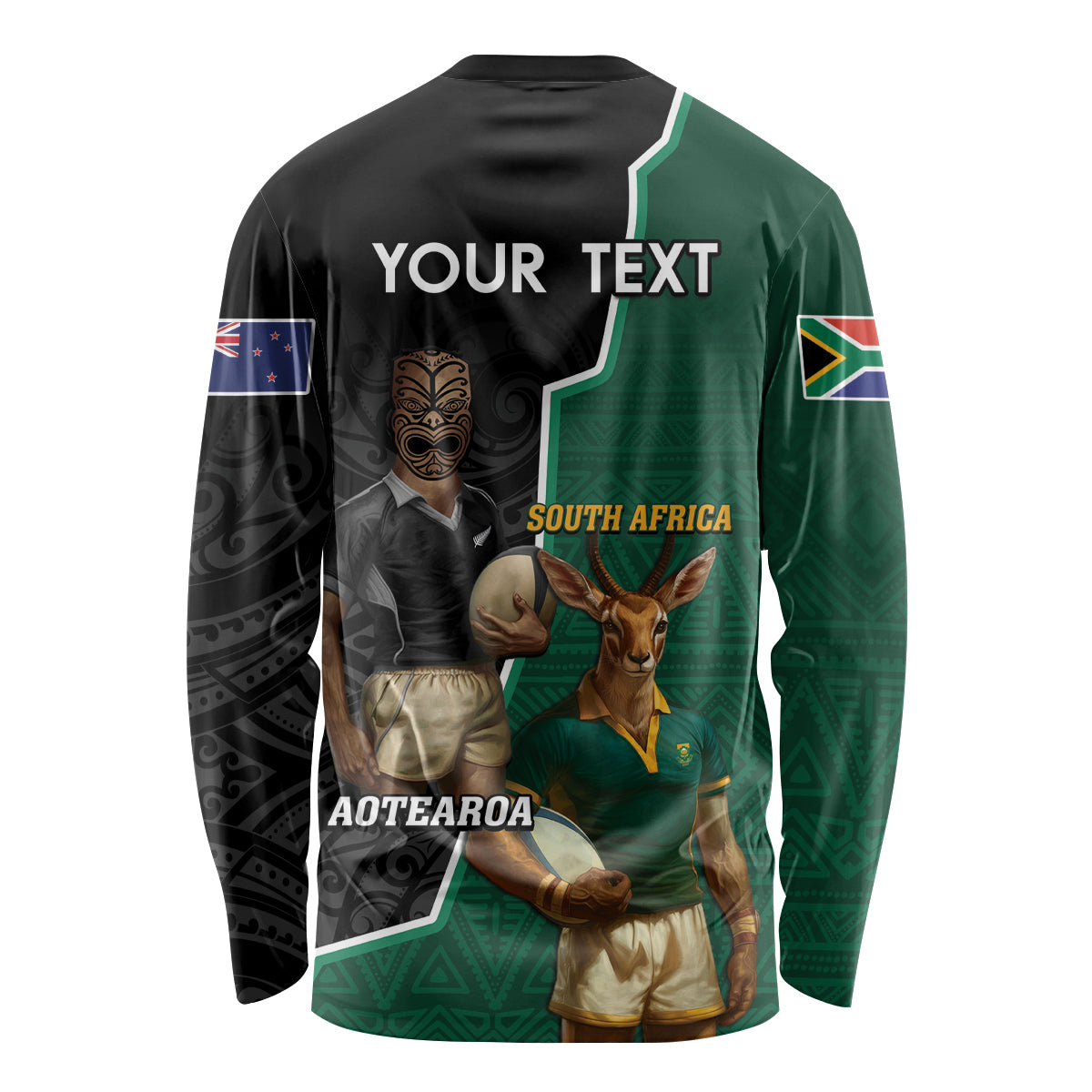 Personalised New Zealand And South Africa Rugby Long Sleeve Shirt 2024 All Black Springboks Mascots Together - Wonder Print Shop
