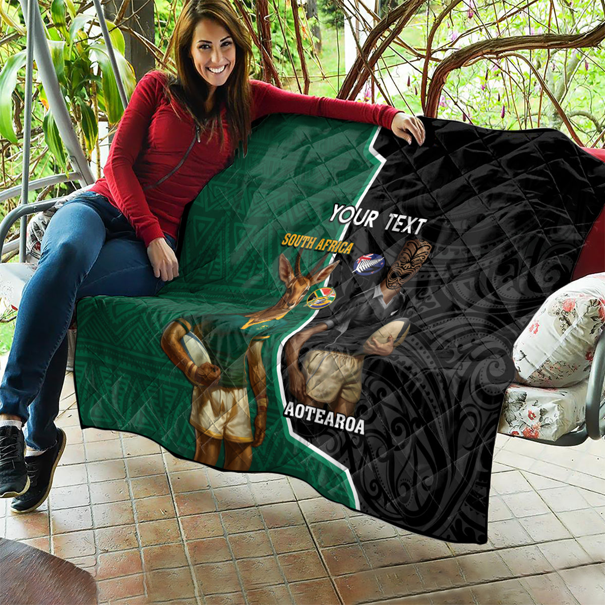 Personalised New Zealand And South Africa Rugby Quilt 2024 All Black Springboks Mascots Together - Wonder Print Shop