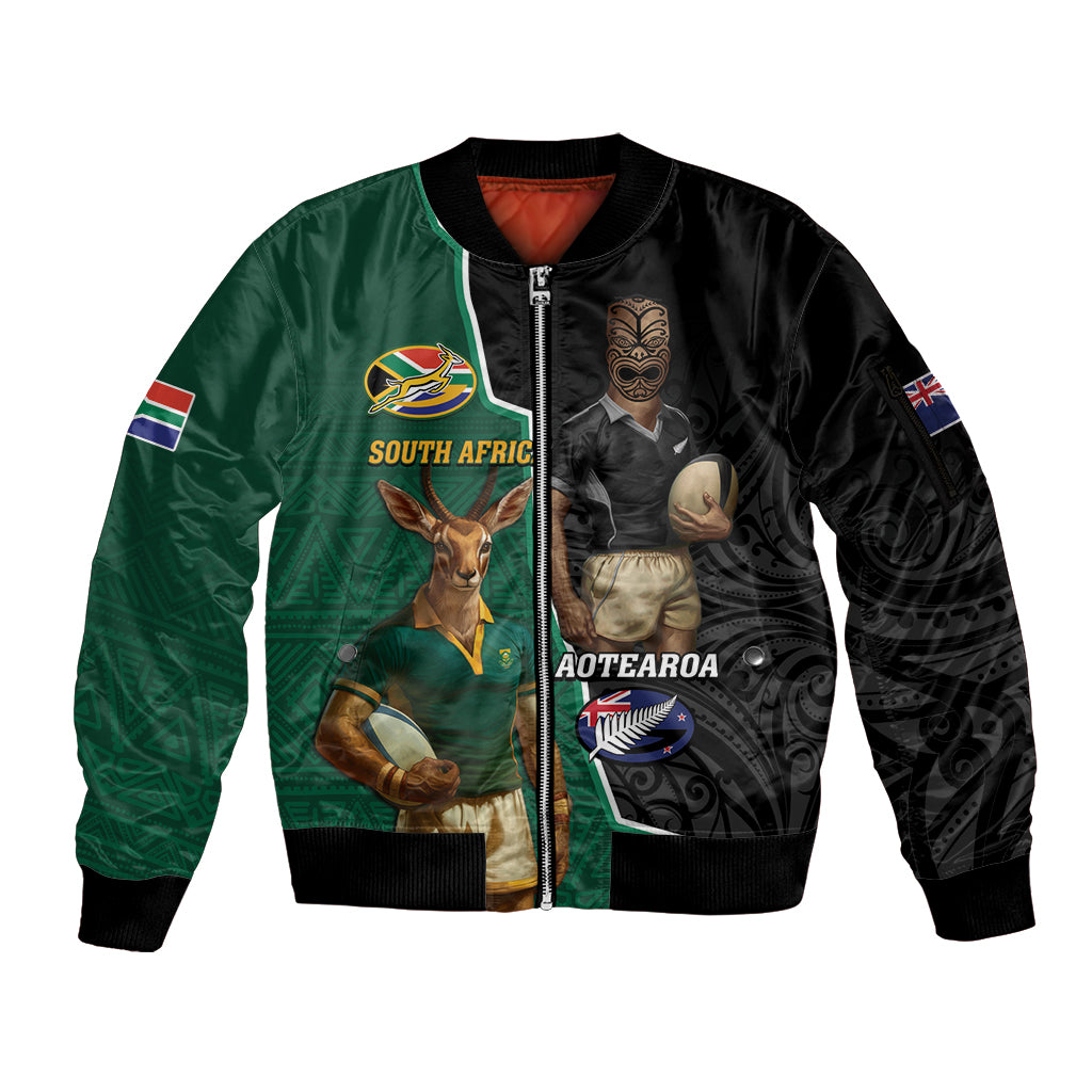 Personalised New Zealand And South Africa Rugby Sleeve Zip Bomber Jacket 2024 All Black Springboks Mascots Together - Wonder Print Shop