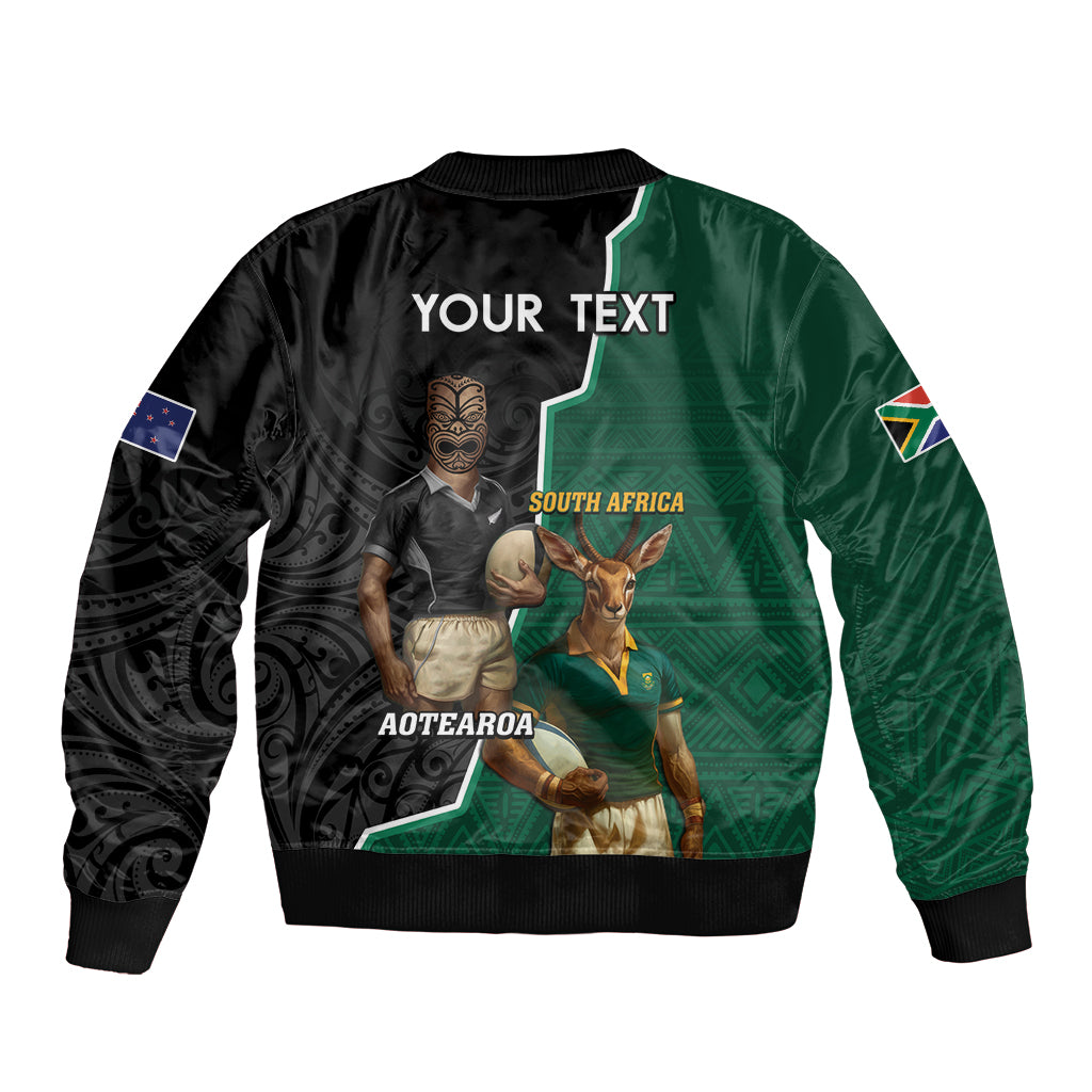 Personalised New Zealand And South Africa Rugby Sleeve Zip Bomber Jacket 2024 All Black Springboks Mascots Together - Wonder Print Shop